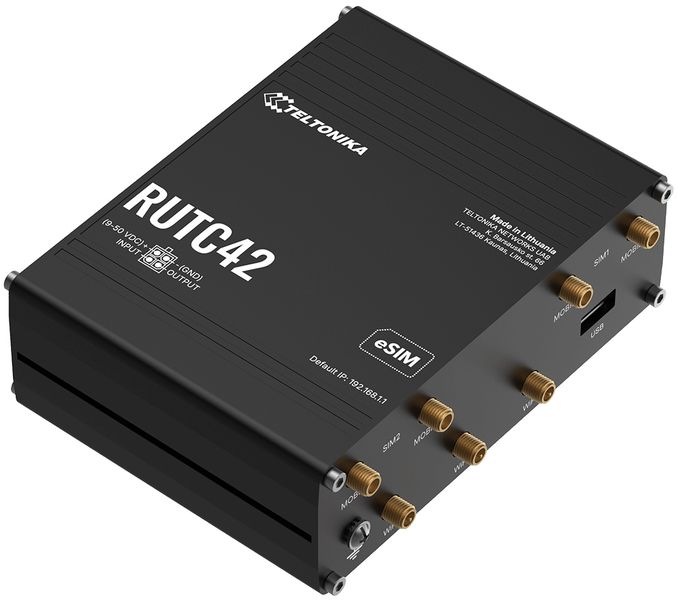 Teltonika RUTC42 průmyslový router   4x LAN, 1x WAN, Dual modem, SIM + eSIM, 2x LTE, Wi-Fi 6 Router, dual modem LTE Cat 4, Wi-Fi 6, 5× Gigabit Ethernet, Docker, RMS, prumyslový, -40 až +75 °C