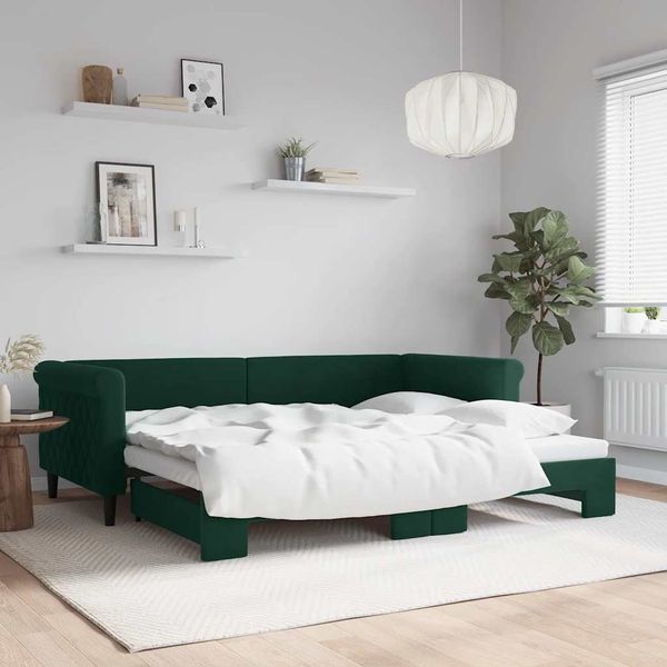 vidaXL Denná posteľ s rozkladacou posteľou tmavozelená 90x200 cm zamat