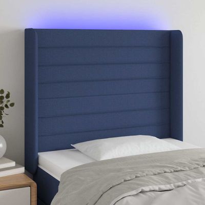 vidaXL Čelo postele s LED modré 83x16x118/128 cm látka