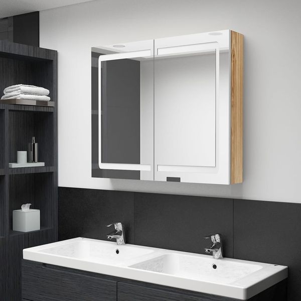 vidaXL LED kúpeľňová zrkadlová skrinka biela a farba dubu 80x12x68 cm