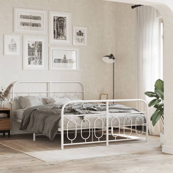 vidaXL Kovový rám postele s čelom a podnožkou biely 135x190 cm