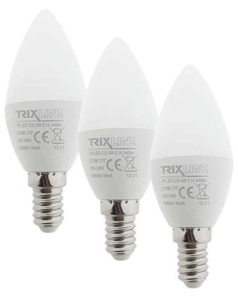 LED žiarovka Trixline 6W C35 E14 teplá biela 3 PACK