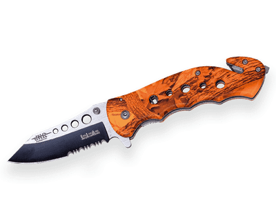 JOKER JKR0565 vreckový nôž s asistenciou 8 cm, oranžová kamufláž, hliník, rezač pásov, rozbíjač skla