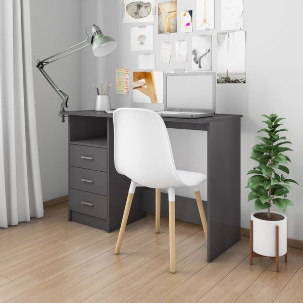 vidaXL Stôl so zásuvkami lesklý sivý 110x50x76 cm drevotrieska