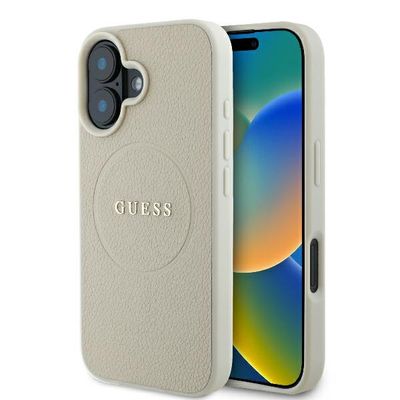 Puzdro Guess GUHMP16SPGHSMME iPhone 16 béžové/béžové tvrdé puzdro Grained Ring MagSafe
