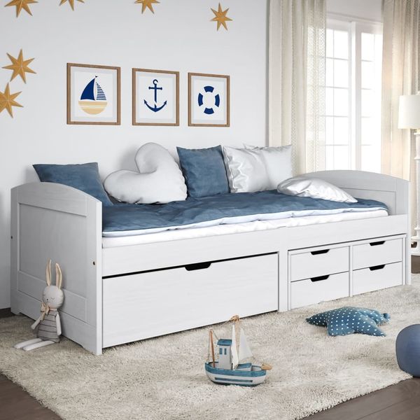 vidaXL Denná posteľ s 5 zásuvkami biela 90x200cm masívna borovica IRUN