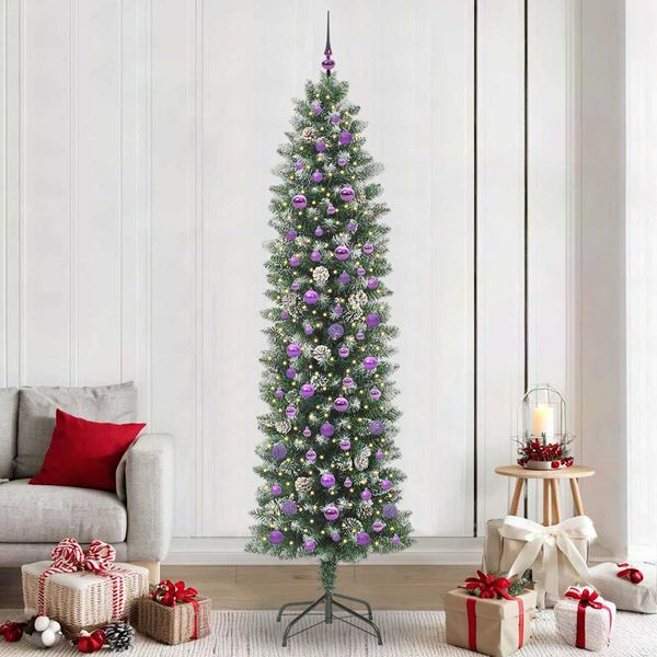 vidaXL Umelý chudý vianočný strom s 300 LED-i Zelená a biela 240 cm