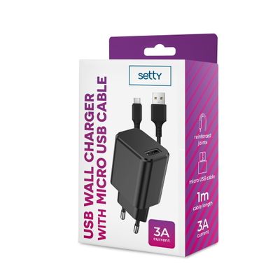 SETTY sieťová nabíjačka 1x USB 3A čierna + microUSB kábel 1,0 m (GSM106086)
