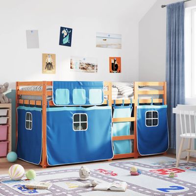 vidaXL Poschodová posteľ so závesmi modrá 75x190 cm masívna borovica