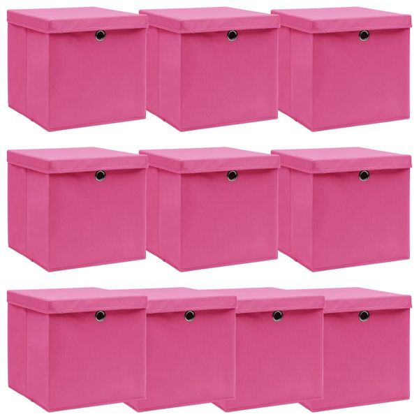 vidaXL Úložné boxy s vekom 10 ks, ružové 32x32x32 cm, látka