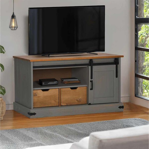vidaXL TV skrinka HALDEN s posuvnými dvierkami sivá 110x40x60 cm masív
