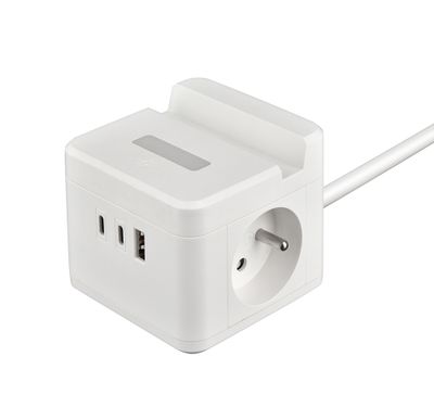 Sieťový adaptér VIKING YC23H, biela/Output:2xAC,1xUSB-A,2xUSB-C/držiak na mobil/ LED svetlo/1,4m kábel