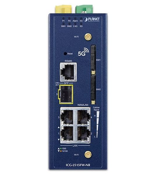 Planet dual 5G/LTE bezpečnostní brána, 2xWAN + 3xLAN/1xSFP, DI/DO, GPS, WiFi, DIN, IP30, -45/+75°C, dual 9-54VDC Bezpecnostní brána, 3× LAN, 1× LAN/WAN, 1× SFP LAN/WAN, 5G NR, LTE, GPS, 2× SIM slot, Wi-Fi, DIN, IP30, -40 až +75°C, dual DC 9-5