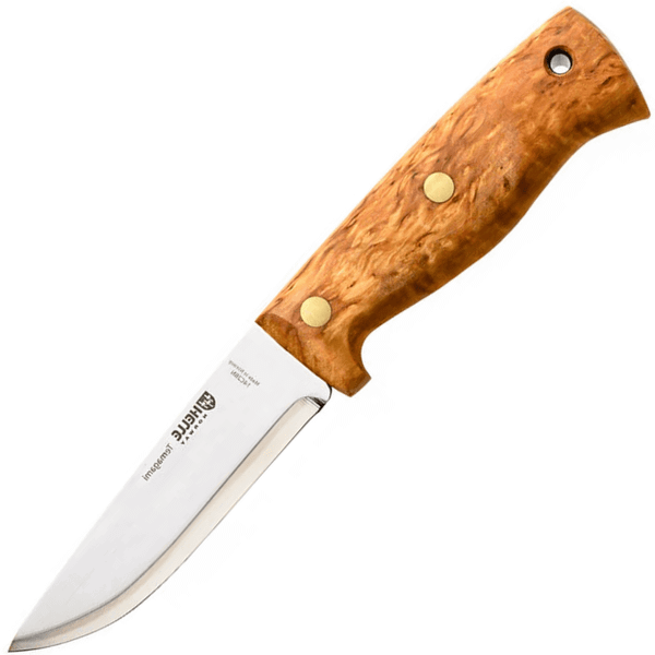 Helle HE-201300 Temagami 14C28N bushcraft nôž 11 cm, drevo kučeravej brezy, kožené puzdro
