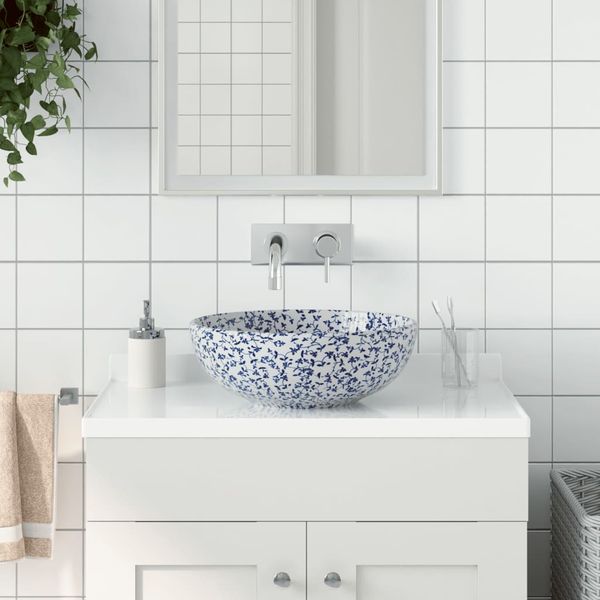 vidaXL Umývadlo na dosku bielo-modré okrúhle Φ41x14 cm keramické