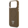 Puzdro Guess Magsafe PU Leather Case s trojuholníkovým logom a strieborným kovovým rámom fotoaparátu pre iPhone 17 Pro Max hnedé
