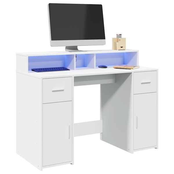 vidaXL Stôl s LED svetlami biely 120x55x91 cm kompozitné drevo