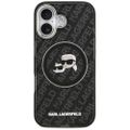 Puzdro Karl Lagerfeld Magsafe IML glitter s kovovým rámčekom fotoaparátu a tlačidlami, hlavičky Karla a Choupette na opakovanom logu KL pre iPhone 17 čierne