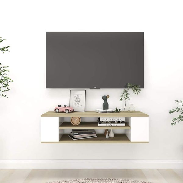 vidaXL Závesná TV skrinka, biela+sonoma 100x30x26,5cm kompozitné drevo
