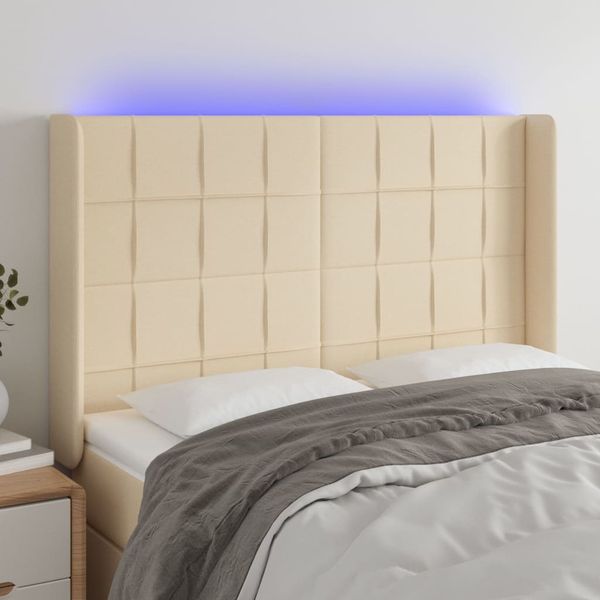 vidaXL Čelo postele s LED krémové 147x16x118/128 cm látka