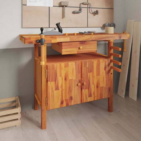 vidaXL Pracovný stôl so zásuvkou a zverákom 124x52x83 cm masívne drevo akácia