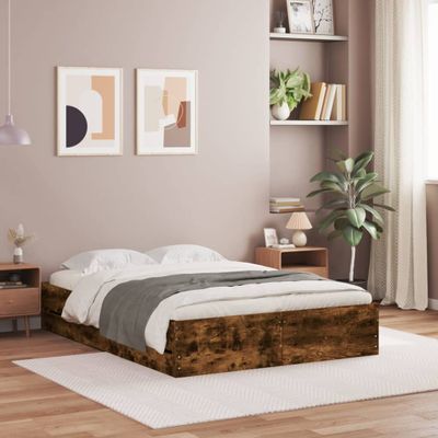 vidaXL Posteľný rám so zásuvkami dymový dub 135x190cm kompozitné drevo