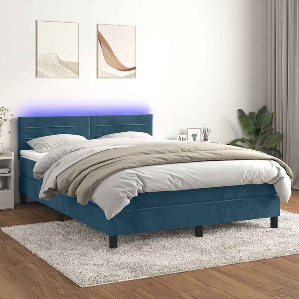 vidaXL Posteľný rám boxsping matrac a LED tmavomodrý 140x190 cm zamat