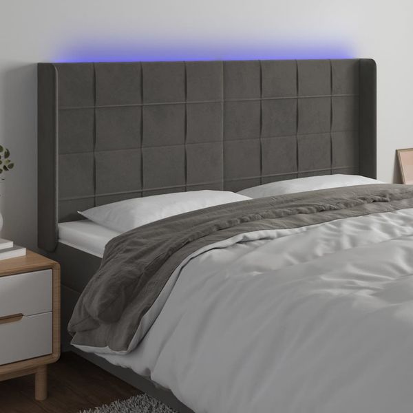 vidaXL Čelo postele s LED tmavosivé 183x16x118/128 cm zamat