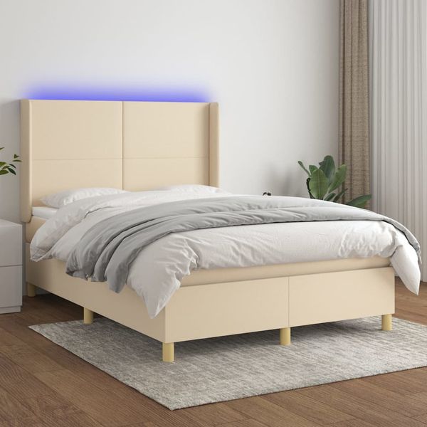 vidaXL Posteľ boxsping s matracom a LED krémová 140x200 cm látka
