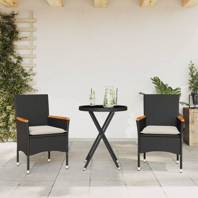 vidaXL 3-dielna bistro súprava s vankúšmi čierna polyratan a sklo