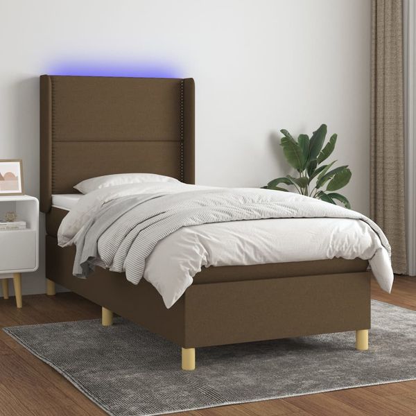 vidaXL Posteľ boxsping s matracom a LED tmavohnedá 100x200 cm látka