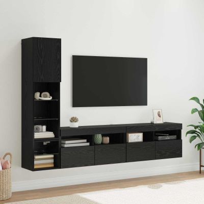 vidaXL Stenná jednotka pre TV s LED 4 pcs Čierny dub Kompozitné drevo