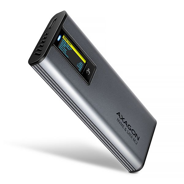 AXAGON EEM2-SD2, USB-C 10Gbps externý box s displejom pre M.2 NVMe/SATA SSD, bezskrutkový, strieborný
