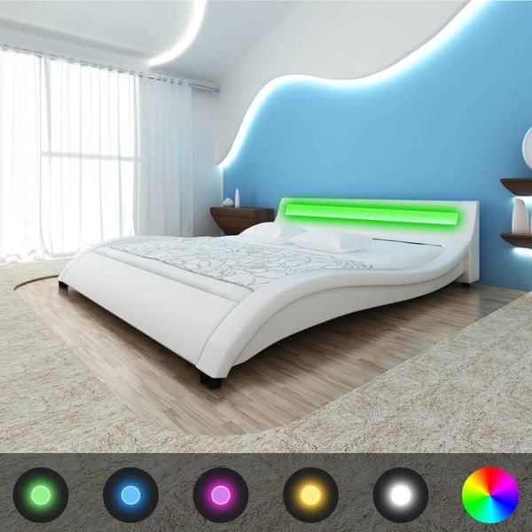 vidaXL Posteľ s matracom, LED, biela, umelá koža 140x200 cm