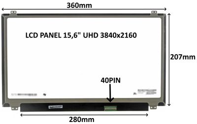 LCD PANEL 15,6'' UHD 3840x2160 40PIN MATNÝ IPS / ÚCHYTY HORE A DOLE