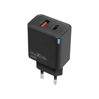Nabíjačka Maxlife MXTC-09-30AC GaN PD QC 1x USB-C 1x USB 30W čierna