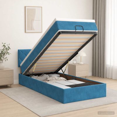 vidaXL Ottoman posteľ s matracom a LED Tmavo modrá 90 x 190 cm Zamat