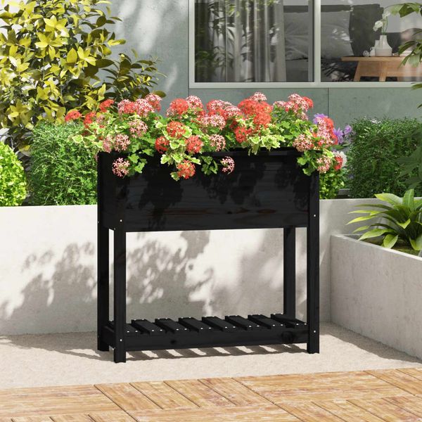 vidaXL Kvetináč s policou čierny 82,5x34,5x81 cm masívna borovica