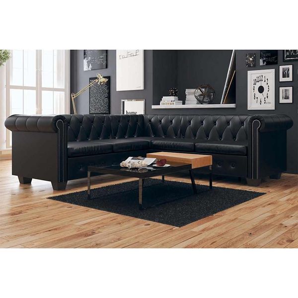vidaXL Rohová pohovka Chesterfield, 5-miestna, umelá koža, čierna