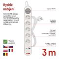 Predlžovací kábel EMOS P1513FC / 3 m / 5 zásuviek / s vypínačom / bielo-sedý / 1×USB-A + 1×USB-C / 1,5 mm2