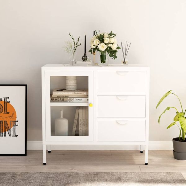 vidaXL Komoda biela 75x35x70 cm oceľ a tvrdené sklo