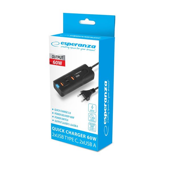 Napájací zdroj Esperanza EZC109 60W 2xUSB-C PD 30W/2xUSB-A QC 3.0 18W Napájací zdroj Esperanza  EZC109 60W 2xUSB-C PD 30W / 2xUSB-A QC 3.0 18W