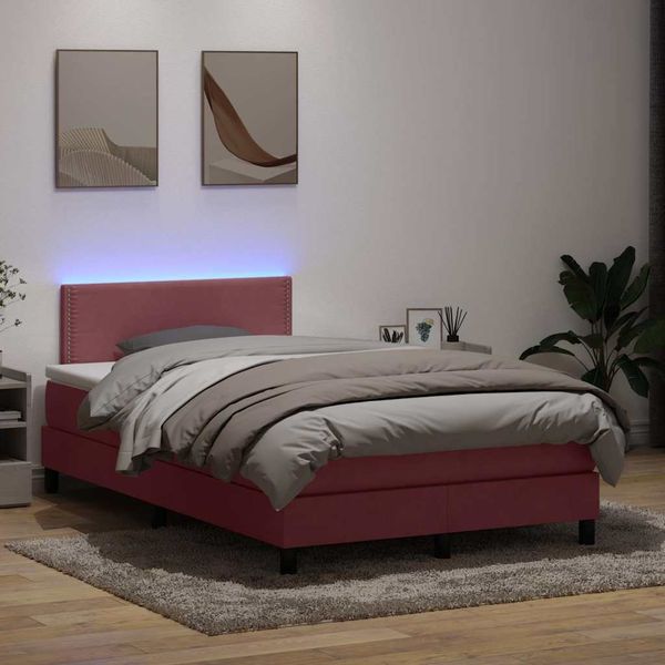vidaXL Posteľný rám boxsping s matracom a LED ružový 120x220 cm zamat