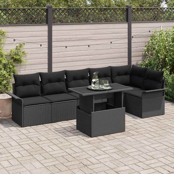 vidaXL Súprava záhradných pohoviek s vankúšom 7 pcs Čierna Poly ratan