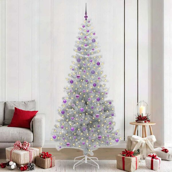 vidaXL Vianočný stromček s 300 LED-i so stojanom Strieborná 240 cm PET