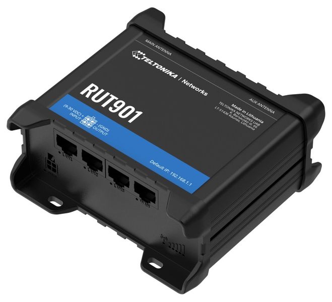 Teltonika RUT901 průmyslový LTE router s ethernetovou zálohou, 1x WAN 3x LAN, LTE Cat4/3G/2G, Wi-Fi Router, prumyslový, LTE, Wi-Fi, 2,4GHz, 802.11b/g/n, 2/3/4G, 4× RJ-45, DI/DO, pasivní PoE, DC 9-30V