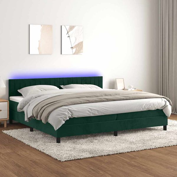 vidaXL Posteľný rám boxsping matrac a LED tmavozelený 200x200 cm zamat