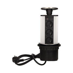 Nábytková zásuvka ORNO OR-AE-1354, 10cm, 3x250V AC výklopná do pracovnej dosky s USB nabíjačkou a káblom 1,8m