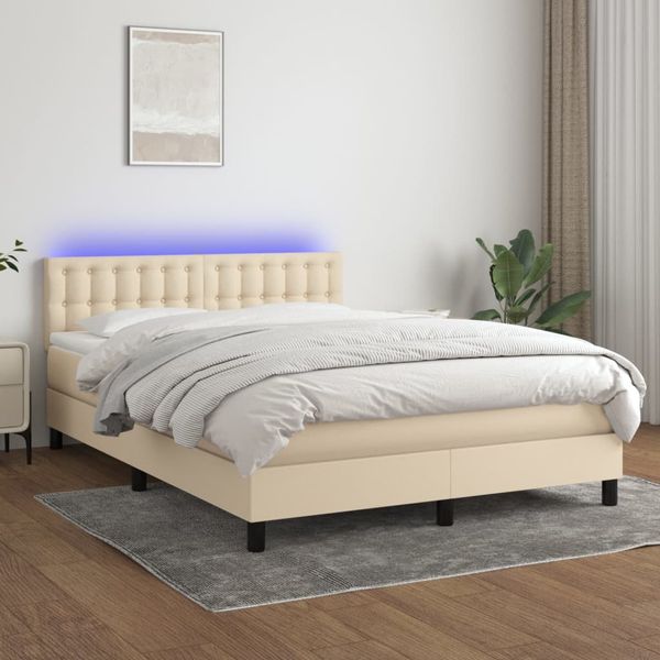 vidaXL Posteľ boxsping s matracom a LED krémová 140x190 cm látka