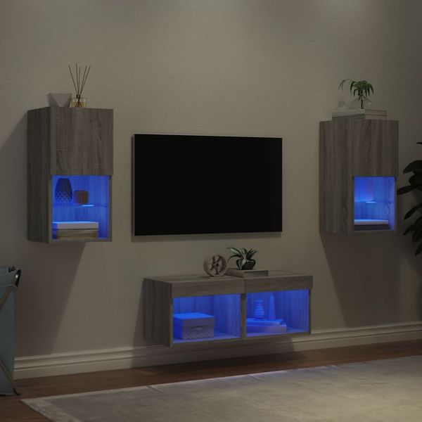 vidaXL 4-dielne TV nástenné skrinky s LED svetlami sivý dub sonoma